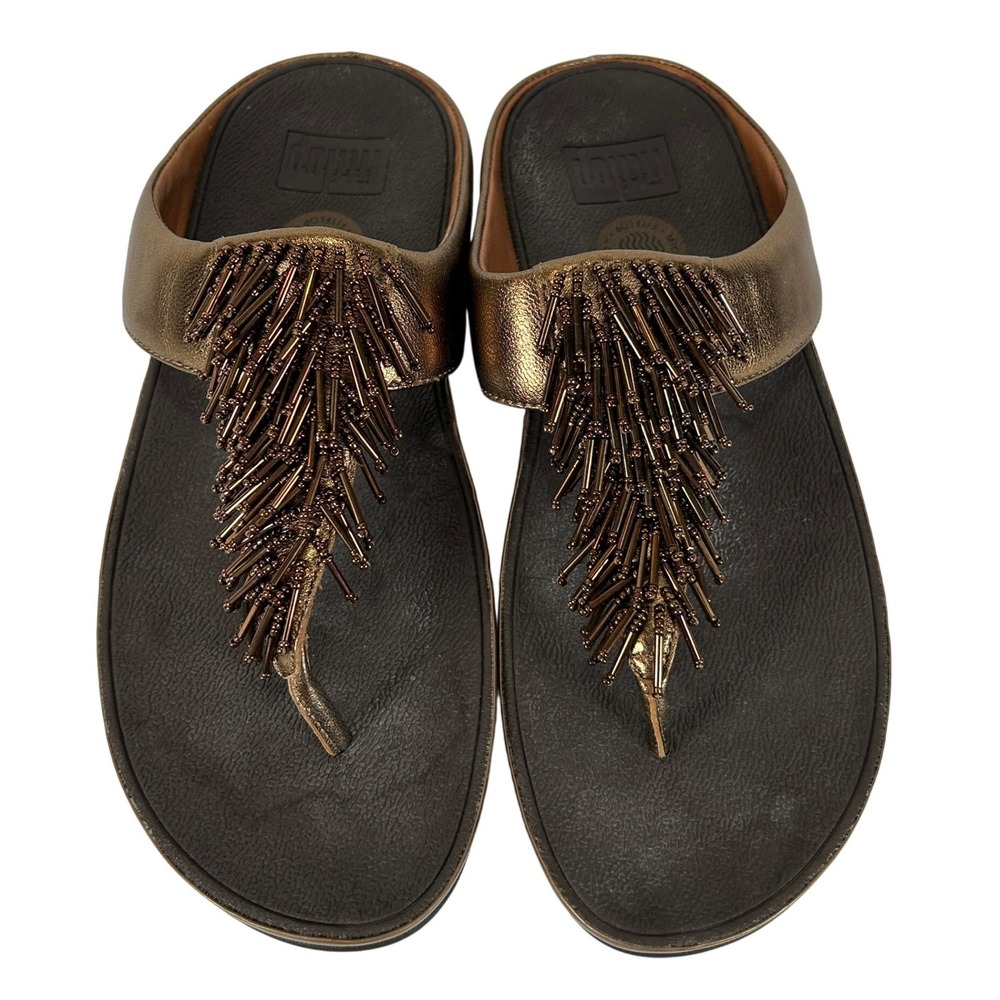 FitFlop Bronze Metallic Beaded Fringe Microwobbleboard Thong Sandals Womens 8